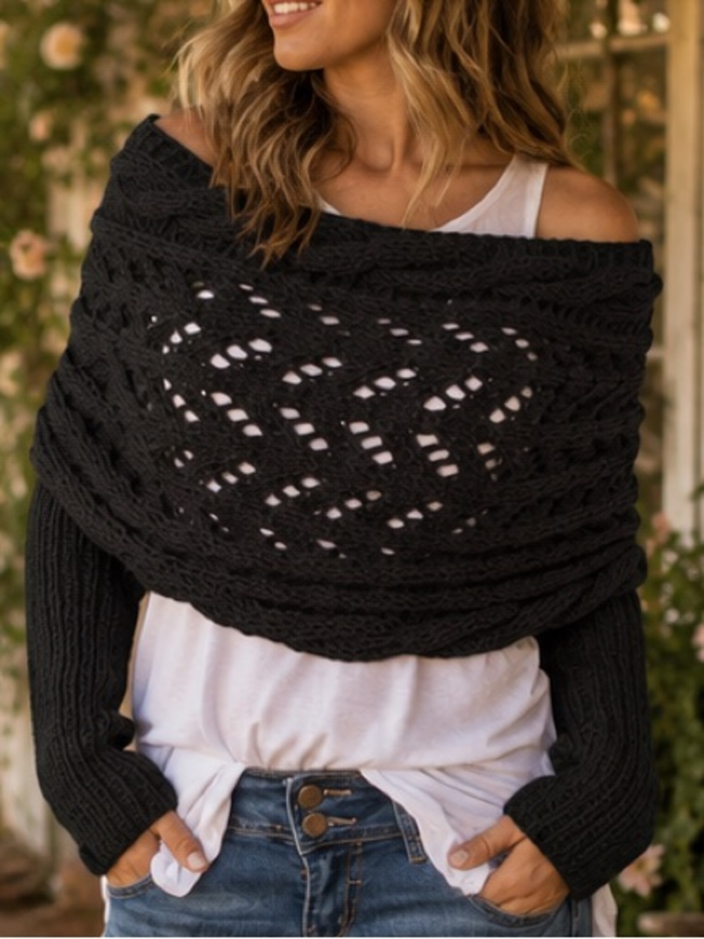 Hand Knitted Black Long Sleeve Wrap Sweater Scarf Shawl One Size